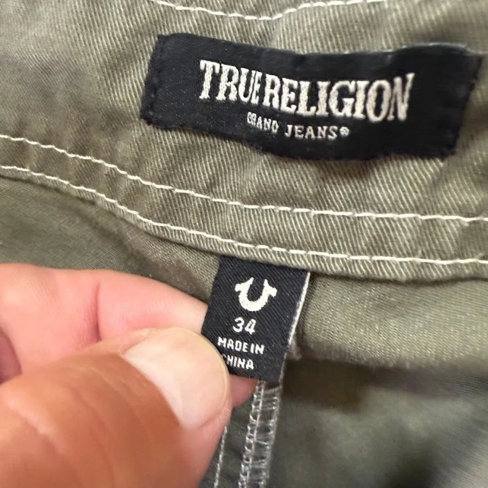 True Religion Mens Olive‎ Green Contrast Stitch Cargo Pants Straight Leg 34X31.